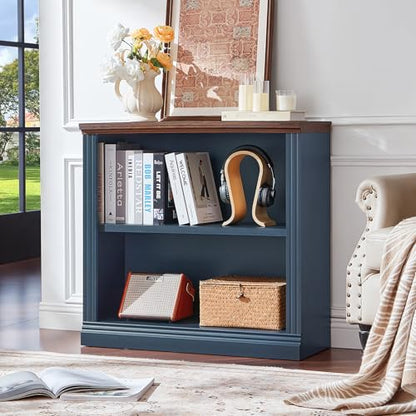 RWYHG 30" Blue Small Bookcase, 2 Tier Farmhouse Wooden Short Book Shelf | Adjustable Shelves Bookshelf, Open Display Storage, Wood Veneer Bookshelves, Thick Sturdy Base, for Living Room,Office