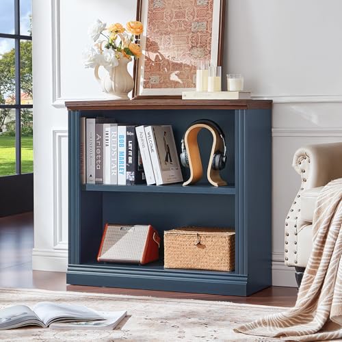 RWYHG 30" Blue Small Bookcase, 2 Tier Farmhouse Wooden Short Book Shelf | Adjustable Shelves Bookshelf, Open Display Storage, Wood Veneer Bookshelves, Thick Sturdy Base, for Living Room,Office