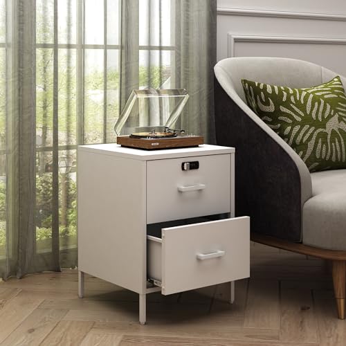 Steehoom Nightstand,2 Drawer Metal Locker End Table Lockable Bedside Table Storage Cabinet for Bedroom, Dorm, 21.26”H X 15.75”W X 15.75”D (2 Drawer, White) - color: White, style: 2 Drawer