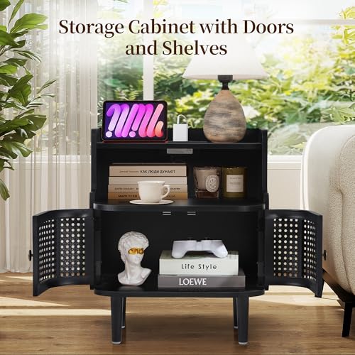 Storage End Table with 2 Door Set of 2, Bed Side Table with Charging Station, Metal Rattan Nightstand for Bedroom, Desk Side Table for Living Room Couch Sofa, Office, Small Spaces - Black - size: Door Black-set