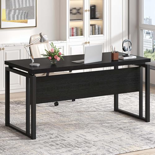 EXCEFUR Black Desk for Home Office, Modern Computer Desk, Wood and Metal Writing Study Table for Workstations, Living Room, Bedroom, 53 Inch - color: Black