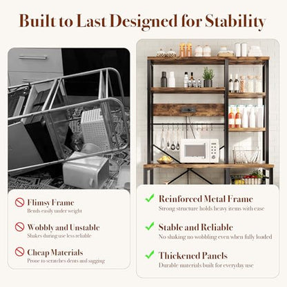 GRUSIGN Kitchen Bakers Rack with Storage, 6-Tier Coffee Bar Station with Power Outlet, Microwave Stand with 12 S-Shaped Hooks, Open Kitchen Storage Shelves for Spices, Pots and Pans, Rustic Brown