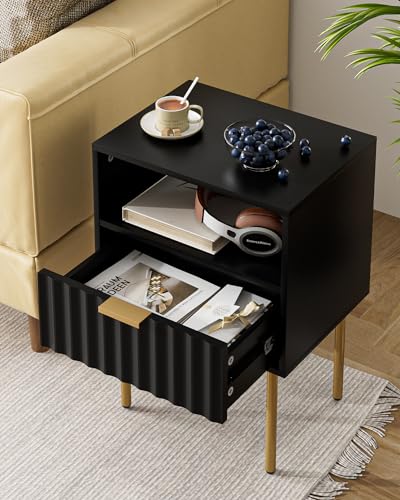 Night Stand,Modern Bedside Table with Drawer and Shelf,Black Night Stand with Gold Frame,Small Side Table for Bedroom,Living Room - color: Black