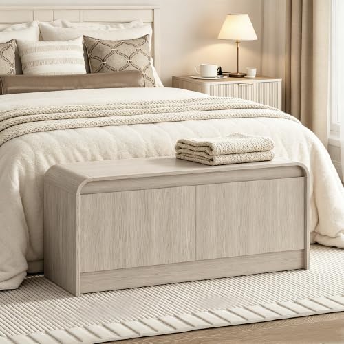Homleke Modern Curved Entryway Shoe Storage Bench | 39.4" Wooden Shoe Cabinet with Doors, Hidden Handle Design, Holds 8 Pairs, for Bedroom & Living Room, Light Gray Oak