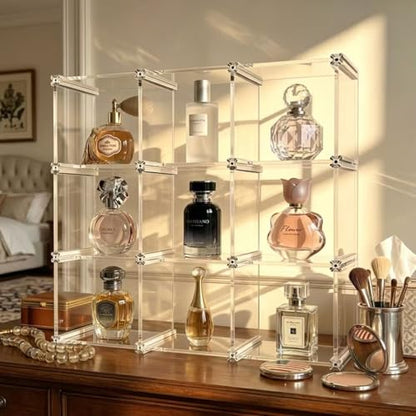 Open-Front Acrylic Desktop Display Case with Sturdy Aluminum Frame, Easy-Access Modular Clear Showcase with Removable Dividers, Transparent Organizer Rack for Perfume, Blind Boxes & Figures (9-Cube) - size: 9-Cube