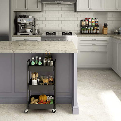 3-Tier Rolling Metal Storage Organizer - Mobile Utility Cart, Kitchen Cart with Caster Wheels (Black) - color: Black