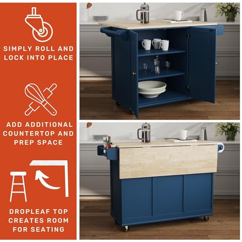 Homestyles Mobile Kitchen Island Cart with Wood Top and Dropleaf Breakfast Bar, Blue - color: Blue