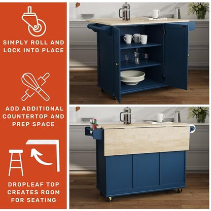 Homestyles Mobile Kitchen Island Cart with Wood Top and Dropleaf Breakfast Bar, Blue - color: Blue