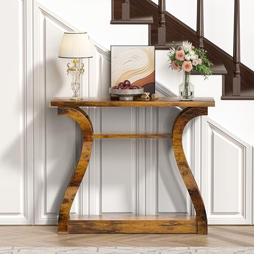 47" Wood Console Table for Entryway, Narrow Sofa Table with 3-Tier Shelves | Curved Legs Farmhouse Hallway Table, Skinny Console Table Behind Couch, Wooden Entry Table for Living Room Rustic Brown - color: Rustic Brown