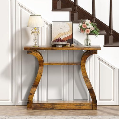 47" Narrow Console Table for Entryway, Wood Sofa Tables with 3-Tier Shelves | Curved Legs Farmhouse Hallway Table, Skinny Console Table Behind Couch, Wooden Entry Table for Living Room Rustic Brown - color: Rustic Brown