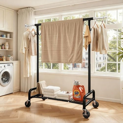 Raybee 75"W Heavy Duty Clothes Rack 450 LBS Rolling Garment Rack with Shelf | Expandable, Height Adjustable, Tool-free Assembly, 360° Lockable Wheels, Rolling Clothing Rack for Bedroom Laundry Room - color: Black, style: Rod Shelf