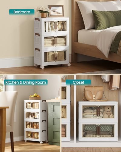 SONGMICS 26QT Plastic Storage Bins with 1 Lid, 4-Tier Stackable Bins with Doors and Wheels, Foldable Storage Boxes, for Closets, Bedroom, Living Room, Office, White URLB445WZ01 - size: 4 x 26QT