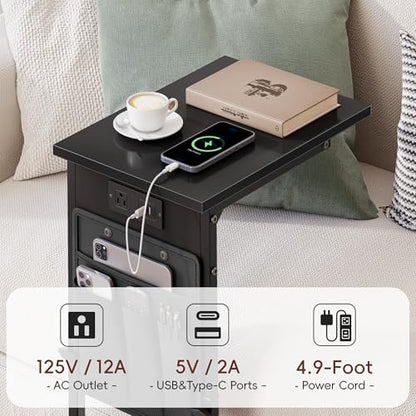 C Shaped End Table with Charging Station, Adjustable Height Side Table for Sofa, Couch Side Table for Small Spaces, Slide Under Sofa TV Tray Snack Arm Tables for Living Room, Bedroom, Black - color: Black, style: With Plug
