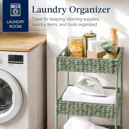Best Choice Products 3-Tier Water Hyacinth Rolling Nursery Caddy w/Wheels, Utility Cart, Storage Organization for Bathroom, Craft Room, Laundry Room - Sage - color: Sage