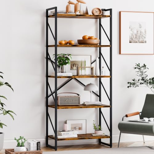Vongrasig 5 Tier Bookshelf, Modern Industrial Bookcase with Metal Frame | 62” Tall Display Shelf, Free Standing Storage Organizer for Home Office, Living Room, Bedroom, Rustic Brown - color: Rustic Brown