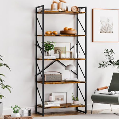 Vongrasig 5 Tier Bookshelf, Modern Industrial Bookcase with Metal Frame | 62” Tall Display Shelf, Free Standing Storage Organizer for Home Office, Living Room, Bedroom, Rustic Brown - color: Rustic Brown