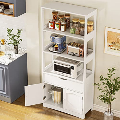 DICTAC Kitchen Pantry Storage Cabinets Freestanding Tall Bathroom Cabinet with Shelves and Drawer 64''H Sideboard Microwave Space Cupboard Organizer for Home Office,White, 23.62x13x64.06inch | Freestanding - size: 23.62x13x64.06inch