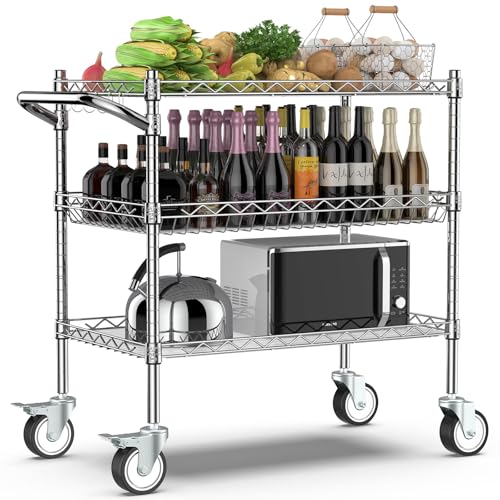 Leteuke 3 Tier Rolling Carts with Wheels, Heavy Duty Rolling Utility Cart | NSF Commercial Grade Metal Cart with Handle&Shelf Liner,Trolley Serving Cart for Kitchen,Restaurant,Plant Display,Chrome - color: Matte Chrome