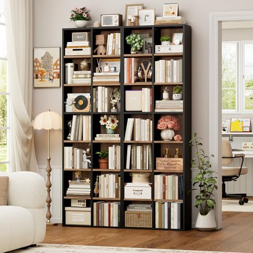 FOTOSOK 71'' Tall Bookshelf with 14 Cubes, 7 Tier Double Wide Wood Bookshelf with 6 Adjustable Shelves, 19.6" Narrow Bookcase DVD/CD Media Storage, Space Saving Display Shelf Cabinet, Black/Brown - color: Black/Brown