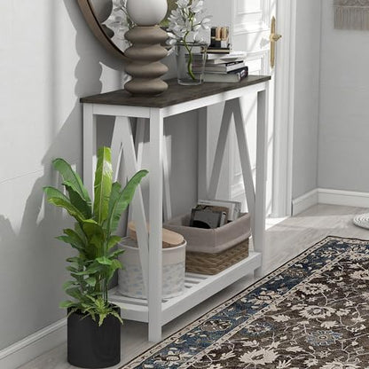 Farmhouse Console Table with Shelf, 39.3" Narrow Entryway Table, Dark Oak | Farmhouse Style Grey Oak Top White V‑Shape Frame Slat Shelf Storage 39.3" Narrow Anti‑Tip Legs sofa table - color: Dark Oak