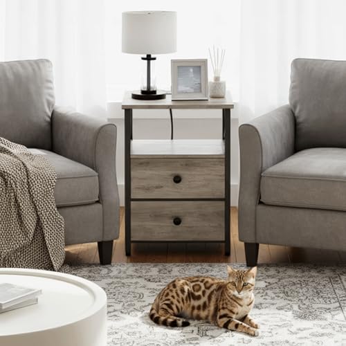 AMHANCIBLE Nightstands Set of 2, Large Night Stand with Charging Station | Bedside Table with 2 Fabric Drawers, End Side Tables Living Room, with Open Shelf, USB Ports Outlets, for Bedroom, Grey - color: Greige Black