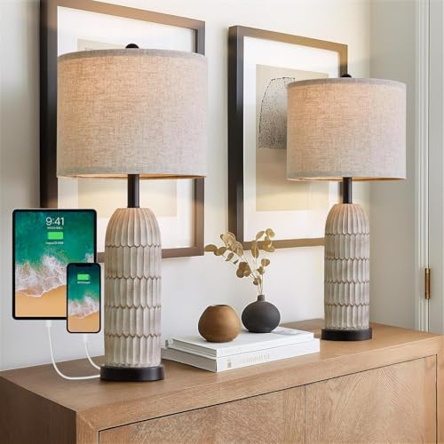 OYEARS 26.5" Bedside Table Lamps Set of 2, Farmhouse Table Lamp with USB A+C Charging Ports,Vintage Nightstand Lamp for Bedrooms and Living Rooms, Retro Resin End Table Lamp with Linen Shade,Black - color: Grey and Brown