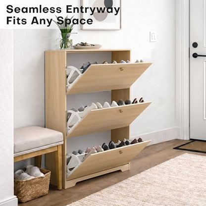 Nicetree Shoe Cabinet with 3 Flip Drawers，Freestanding Shoe Storage Cabinet, Narrow Shoe Organizer Cabinet, Farmhouse Slim Shoe Rack Cabinet for Entryway,Natural Oak with Hook - color: Natural Oak, style: 3-Drawers with Hook