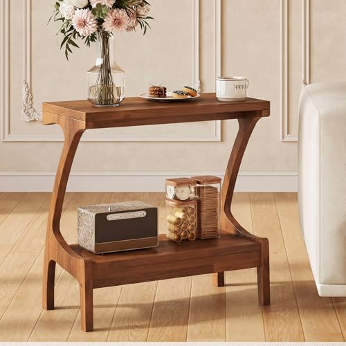 Solid Wood End Table with 2-Tier Storage Shelf, Narrow Side Table for Living Room, Bedroom, Small Spaces, Cherry Wood Paint Finish, Easy Assembly - color: Charred