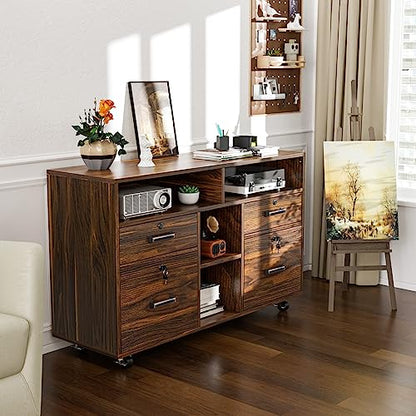VINGLI Dark Brown Wood Lateral File Cabinet with Lock, 4 Drawer & 4 Open Shelves, Rolling File Cabinet for Home Office, Letter Sized - color: Dark Brown