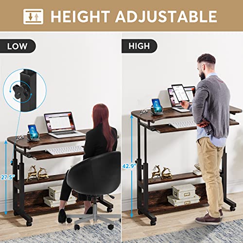 Tribesigns Portable Desk with Power Outlets, Height Adjustable Side Table Sofa Couch Bedside Laptop Computer Cart with USB Charging Ports, Mobile Small Standing Desk with Keyboard Tray - color: Brown