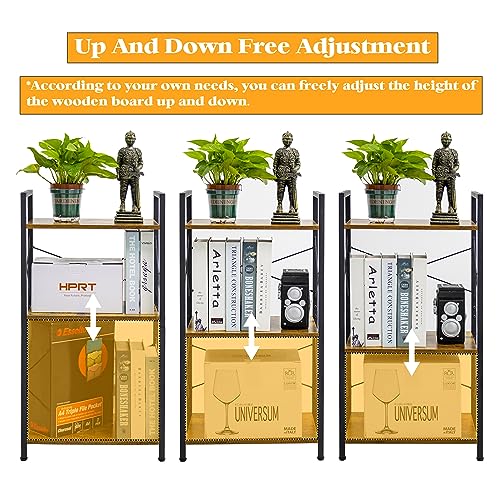 HCHQHS Small Bookshelf, Adjustable 3-Tier Industrial Bookcase, Rustic Open Book Shelf, Wood and Metal Horizontal Bookshelves - color: Rustic Brown, size: 3-Tier (16.5"W x 31.5"H, Adjustable)