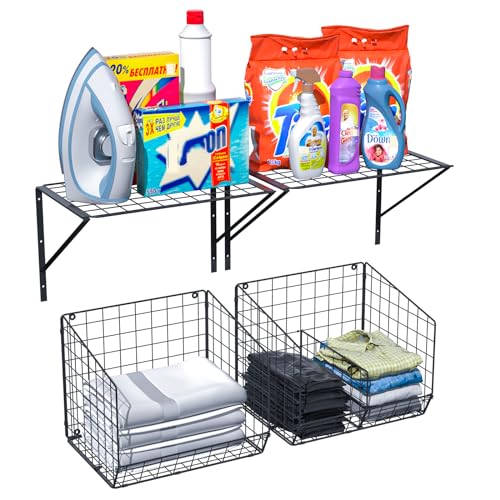 4 Pack Laundry Room Shelves Wall Mounted with Wire Baskets, Laundry Room Organizer and Storage, Over The Washer and Dryer Wire Shelf with 2 Removable dividers and 8 S-Shaped Hooks
