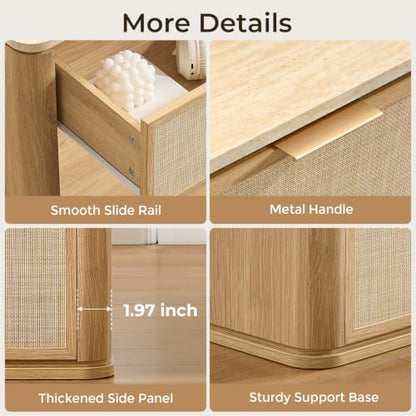 Night Stand, 23.11" W Rattan Nightstand with 2 Drawers, Faux Marble Top Bedside Table, Boho Mid Century End Table for Bedroom Living Room Sofa Office, Natural Oak [FSC Certified] - color: Natural Oak, size: 15.63"D x 23.11"W x 23.94"H（2 Drawer）