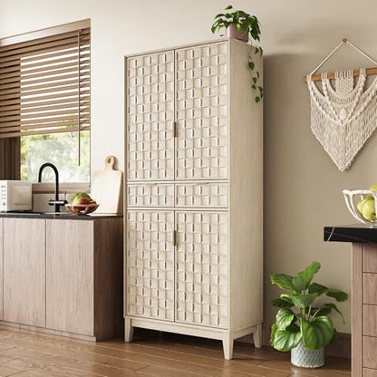 Pantry Cabinet, 71" Tall Pantry Cabinet,Modern Kitchen Cabinet with Doors, Drawers & Adjustable Shelves, Freestanding Food Pantry Cupboard with Side Rack for Kitchen Dining Room,Oak - color: Oak-new