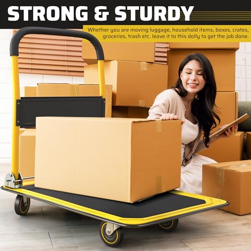 Heavy Duty Foldable Push Cart Dolly | 660 lbs. Capacity | Upgraded Collapsible Hand Truck Folding Platform with Swivel Wheels | Flat Bed Moving Wagon | Space Saving Push Handle (Yellow) - color: Yellow, 660 Lbs. Capacity