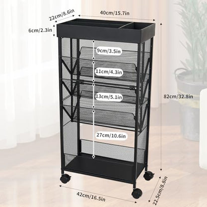 gianotter Book Rack Storage Bookshelf, 5 Tier Book Carts with Wheels, Rolling Cart Organizer for Study Office Kitchen Classroom