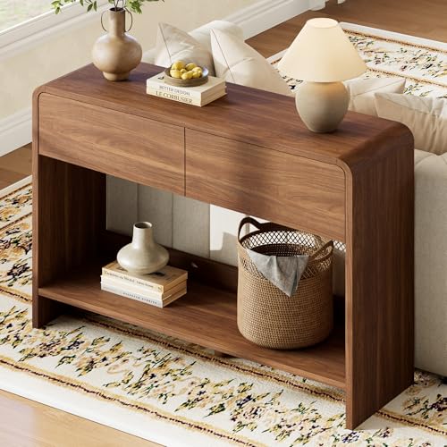AMERLIFE 45" Modern Entryway Console Table with 2 Storage Drawers | Open Bottom Shelf, Wood Grain Finish, Rounded Edges, Long Sofa Table, Behind Couch, Hallway, Foyer, Living Room, Brown - color: Brown - Flat Panel, size: 45"