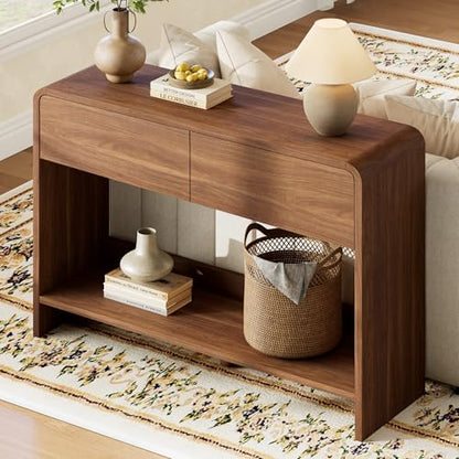 AMERLIFE 45" Modern Entryway Console Table with 2 Storage Drawers | Open Bottom Shelf, Wood Grain Finish, Rounded Edges, Long Sofa Table, Behind Couch, Hallway, Foyer, Living Room, Brown - color: Brown - Flat Panel, size: 45"