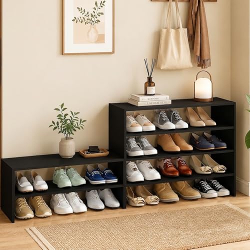 POWERSTONE 6-Tier Stackable Shoe Rack, 3-in-1 Shoe Shelves, Black | Free Standing Adjustable Shoe Storage Organizer for 18 Pairs, 31'' Wide Wood Shoe Shelf for Closet, Entryway, Living Room - color: Black, size: 1 Pack