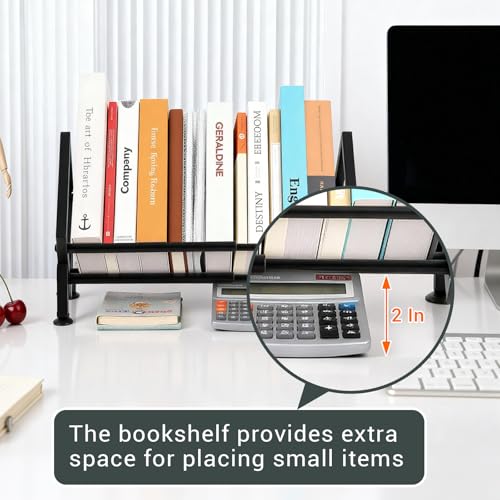 Expandable Desktop Bookshelf Organizer, Metal Office Tabletop Book Storage Rack, Large Tilting Bookcase for Books/CDs/Magazine Display, Desk Shelf for Top of Desk in Living Room, Home, Office (Black)