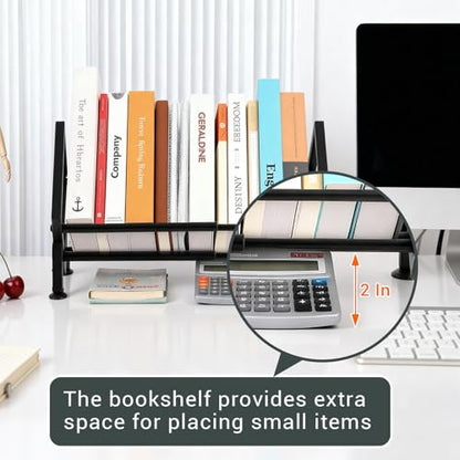 Expandable Desktop Bookshelf Organizer, Metal Office Tabletop Book Storage Rack, Large Tilting Bookcase for Books/CDs/Magazine Display, Desk Shelf for Top of Desk in Living Room, Home, Office (Black)