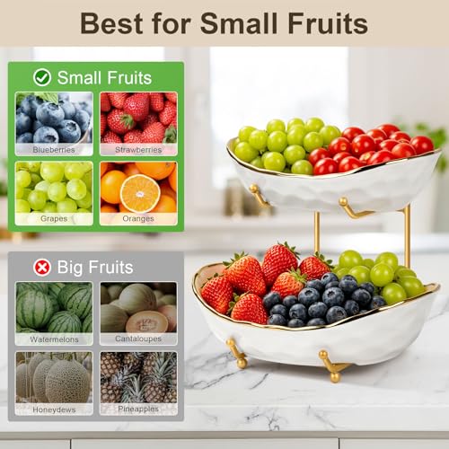 Fruit Bowl for Kitchen Counter - 2 Tier Ceramic Fruit Basket, Fruit Holder for Fresh Fruit & Veggies, Modern Tiered Fruit Platter Serving Trays for Party - color: 2White-Rack01