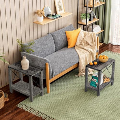 GAZHOME Farmhouse End Table for Small Spaces, Set of 2,Narrow Side End Table with Storage Shelf, Rustic X-Design Nightstand Sofa Table for Living Room, Bedroom Gray - color: Grey