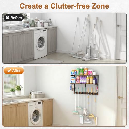 Housolution Wall Mount Broom Holder Laundry Room Storage Organizer Shelves | 2 Tier Large Capacity, Thickened Metal Frame, 100 LBS High Load-Bearing, Multifunctional with 7 Grippers & 8 Hooks - size: 7 Grippers with 2 Tier Shelf