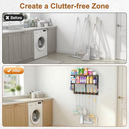 Housolution Wall Mount Broom Holder Laundry Room Storage Organizer Shelves | 2 Tier Large Capacity, Thickened Metal Frame, 100 LBS High Load-Bearing, Multifunctional with 7 Grippers & 8 Hooks - size: 7 Grippers with 2 Tier Shelf