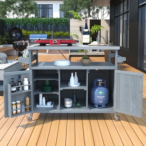 Merax 50" Outdoor Kitchen Grill Cart Island on Wheels with Stainless Steel Top,Farmhouse Style Solid Wood Frame Storage Cabinet - color: Grey Blue