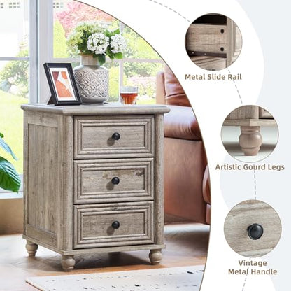 RWYHG 18" Night Stand with Charger Station, Nightstand with 3 Drawers | Farmhouse Modern Bedside Table, Metal Handle, Roman Column Legs, Grey Bed Side End Tables for Bedroom Living Room - color: Gray Oak, size: 18"D x 18"W x 24"H (3 Drawers)
