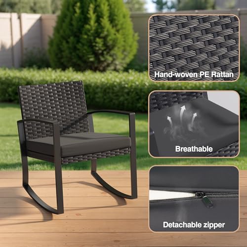 Qsun 3 Pieces Patio Furniture Set Rocking Bistro Set, Outdoor Patio Furniture Set with Coffee Table for Garden Balcony Backyard Poolside (Black Cushion) - color: Black