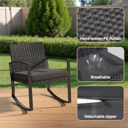 Qsun 3 Pieces Patio Furniture Set Rocking Bistro Set, Outdoor Patio Furniture Set with Coffee Table for Garden Balcony Backyard Poolside (Black Cushion) - color: Black