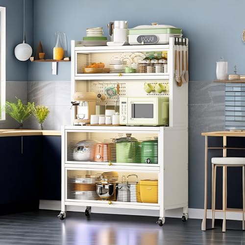 63" 5 Tier Metal Kitchen Storage Cabinets,Kitchen Coffee Bar with 10 Hooks,Microwave Stand with Storage,Storage Rack for Home, Office,Pantry White - color: White, size: 5 Tier Cabinets
